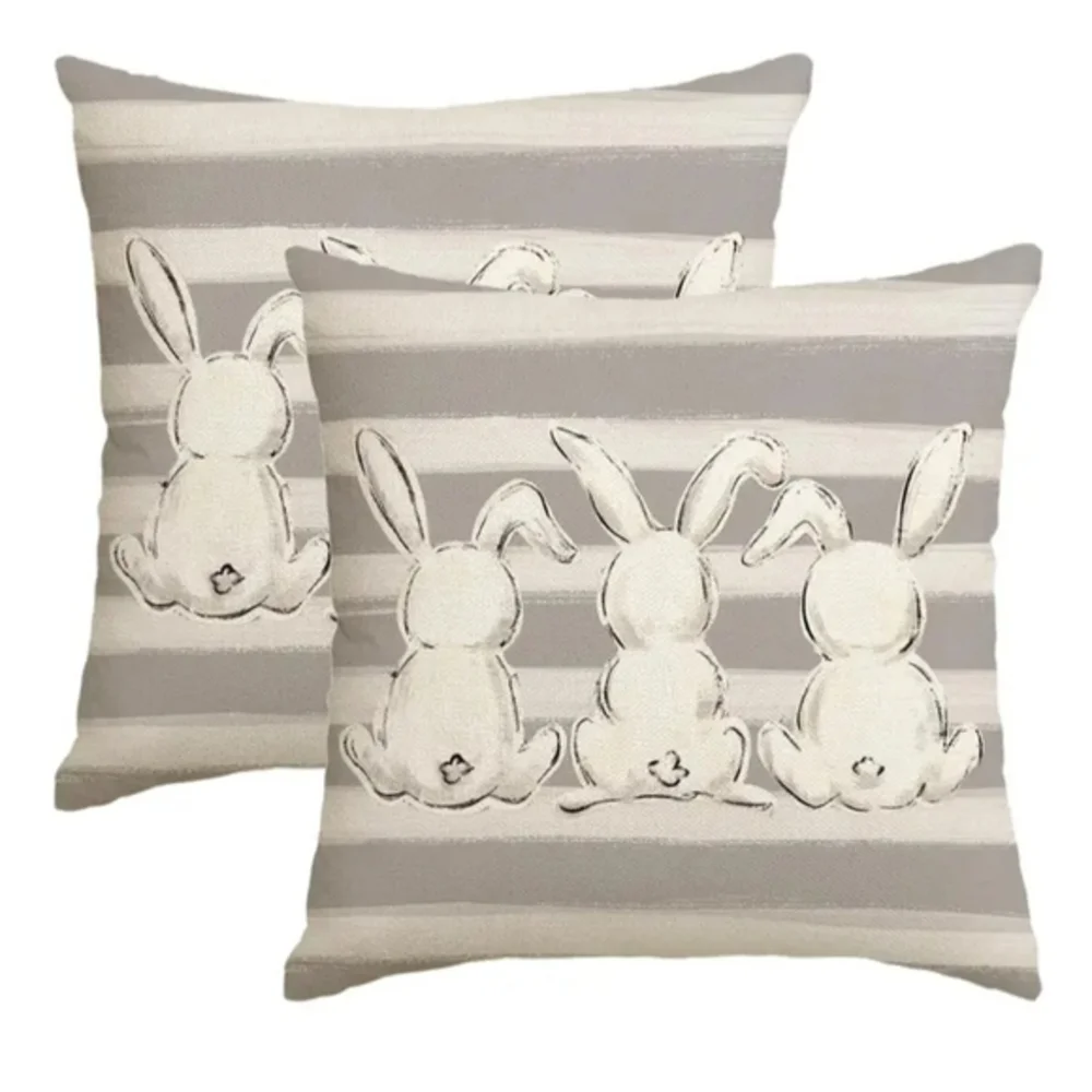 Easter Pillow Covers Bunny Rabbit Home Decor Gray & White 2 Piece 17.5